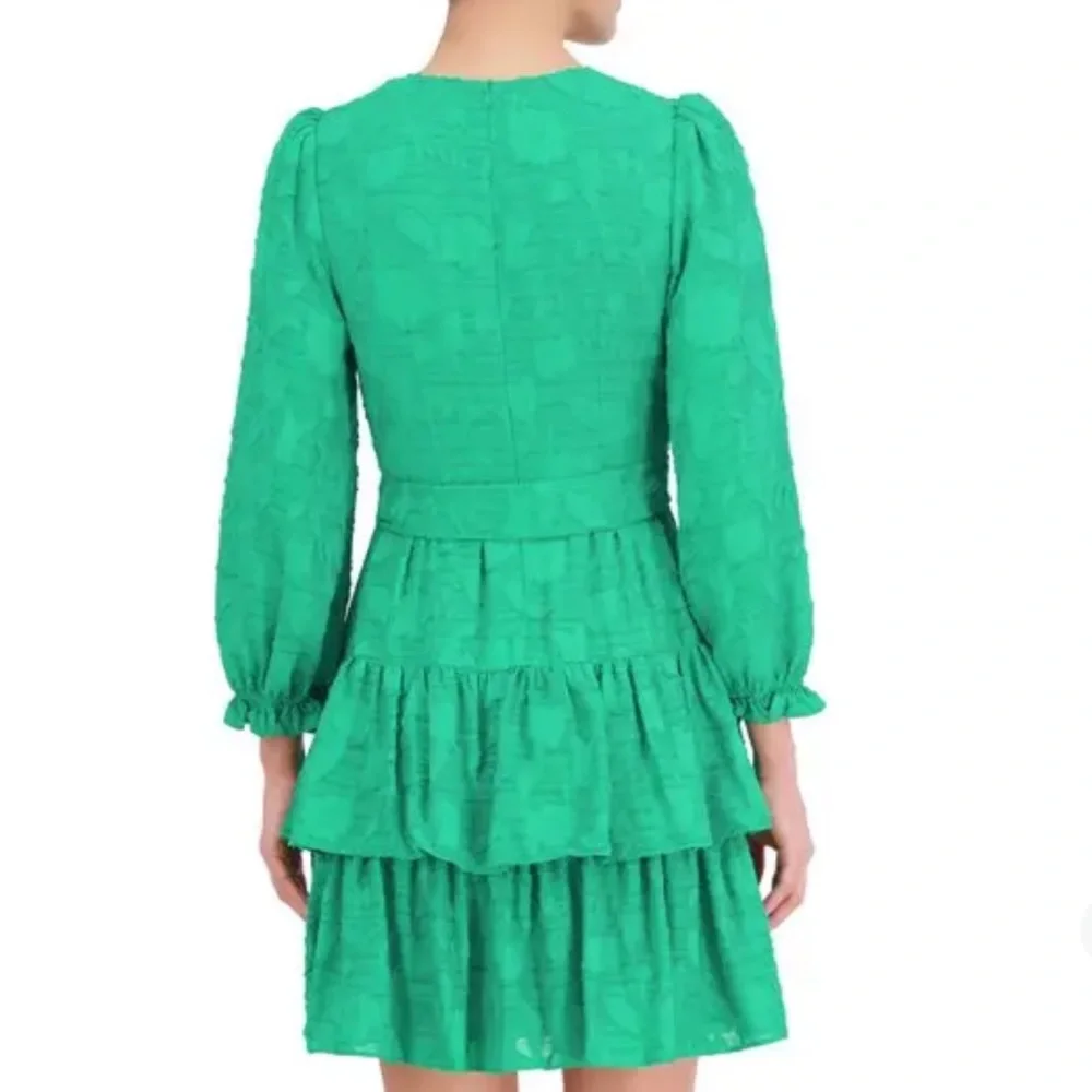WOMEN’S NWT ELIZA-J GREEN FLORAL TEXTURE BALLOON SLEEVE A-LINE‎ DRESS TIERED HEM